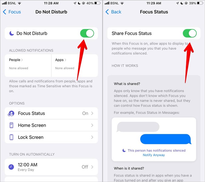 What is iPhone Share Focus Status?